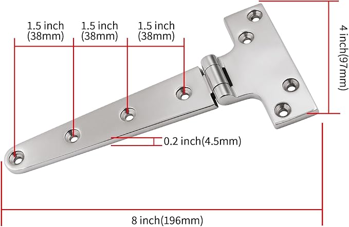 316 Stainless Steel T Hinges Marine Grade 8'' x 4" Heavy Duty Boat Hatch Hinge (196 mm X 97 mm) 2 Pack Casting Cabinet Hardware Door Hinge with Screws
