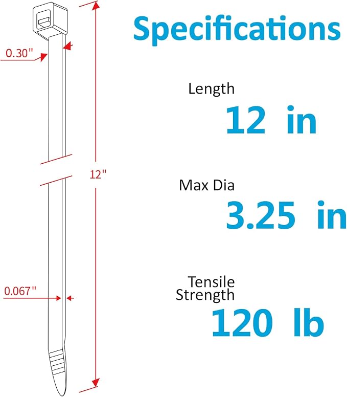 Zip Ties 12 inch Heavy Duty Zip Ties with 120 Pounds Tensile Strength, Black Cable Ties, 100 Pieces,by Karoka