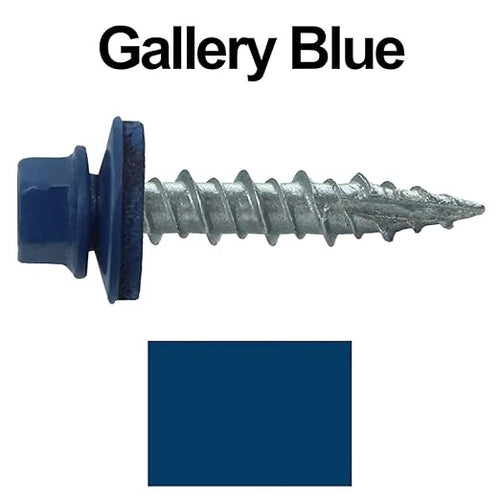 10 x 1 Gallery Blue Metal Roofing Screws - Hex Washer Head- Self-Starting/Tapping - EPDM Washer. 10 X 250 Bags - 2,500 Screws