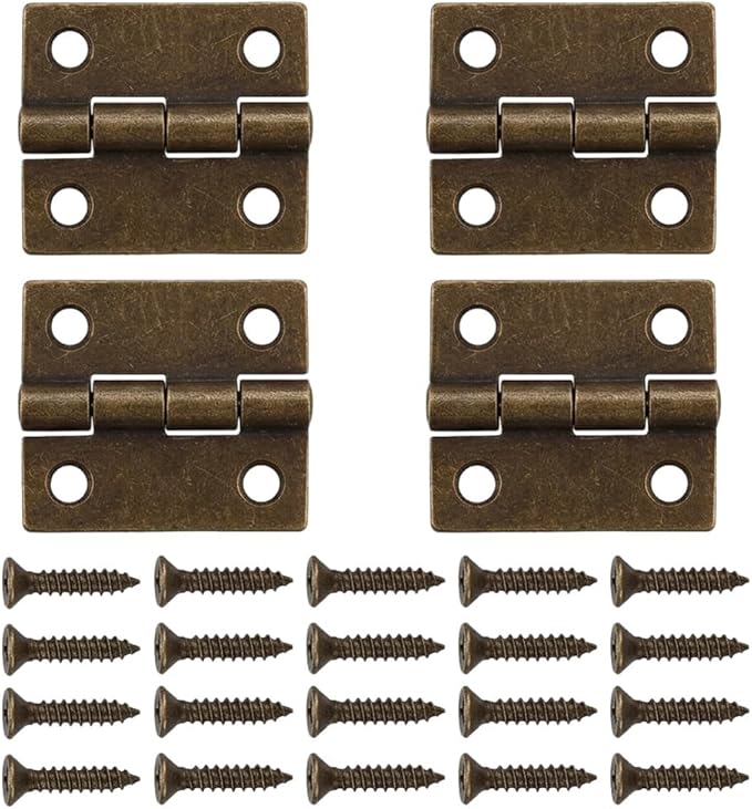 4 Pcs Mini Brass Hinges for Wooden Boxes, Small Folding Butt Hinges for Jewelry Box, Cabinet, Drawer and Craft Projects, Durable Decorative Hinges with Screws(20cps) for DIY Cases and Furniture