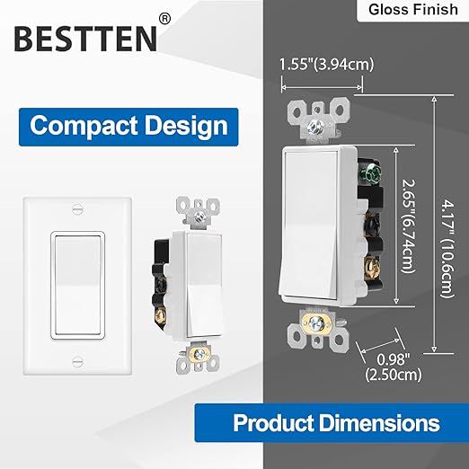 BESTTEN 2 Pack 4-Way Decorator Wall Light Switch with Wallplate, 15A 120/277V, On/Off Paddle Rocker Interrupter, Self-Grounding, UL Listed, White