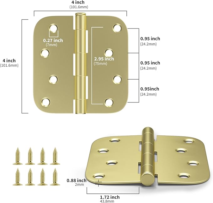 goldenwarm 18 Pack Brushed Brass Door Hinges 4in x 4in Interior Door Hinges with 5/8" Radius Corners, Satin Brass Finished Iron