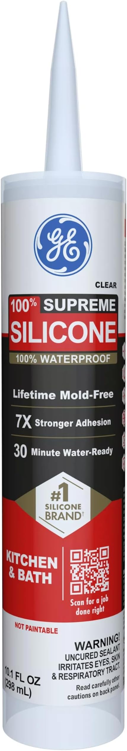GE Supreme Silicone Caulk for Kitchen & Bathroom, Clear, 10 fl oz Cartridge, 12 Pack - 100% Waterproof Silicone Sealant, 7X Stronger Adhesion, Shrink & Crack Proof