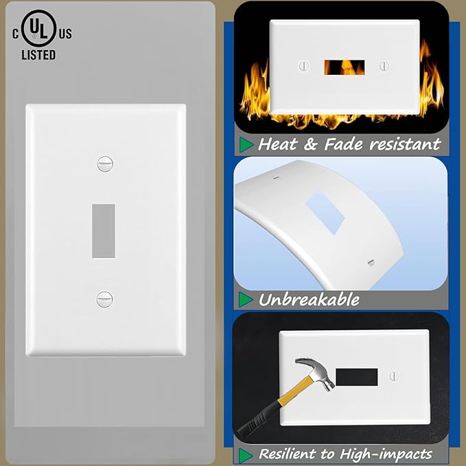 Light Switch Cover Plate,Toggle Light Switch Wall Plate,Toggle Wall Plate Cover,Standard Size 1-Gang 4.50" x 2.76",Unbreakable Polycarbonate Thermoplastic,UL Listed (2 Pack, Glossy White)