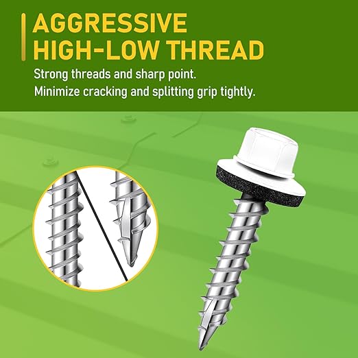 300 Pcs, #10 x 1 Inch White Painted Hex Head Metal Roofing Screws, Sharp Point Sheet Metal Roof Screw with Rubber Washer, Self Tapping Metal to Wood Siding Screws, Hex Socket Included