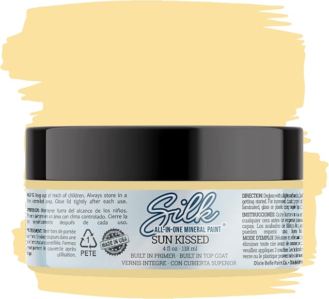 Dixie Belle Silk All-in-One Mineral Paint - Sun Kissed (4oz) - Soft Yellow Water Based Built-In Primer + Topcoat for Wood + Metal - Durable Furniture Paint - Low Reflective Finish