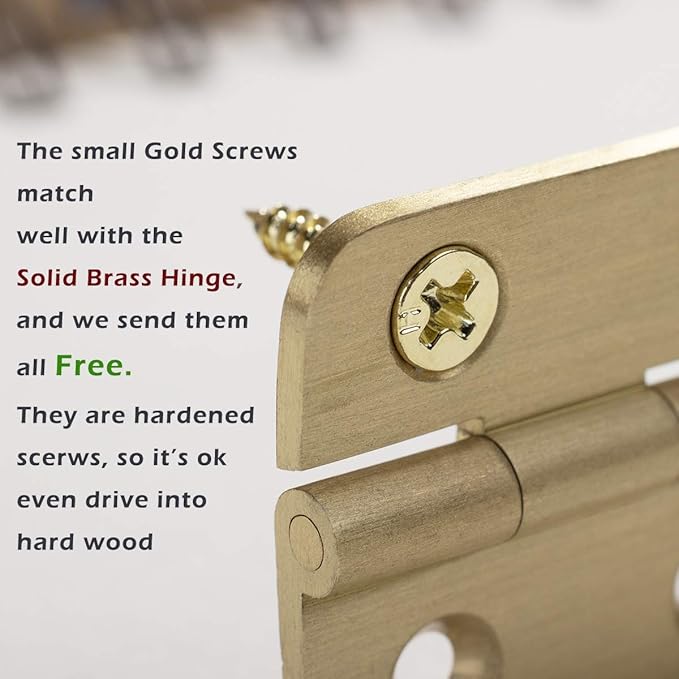 Keenkee 4 PCS Brushed Solid Brass Butt Hinges 2 Inch for Cabinet Doors, Trunks, Wood, Chest Lid, Crafts, Jewelry Box and Small Wooden Boxes, Furnitures, Round Corner Mortise Brass Hinge with Screws