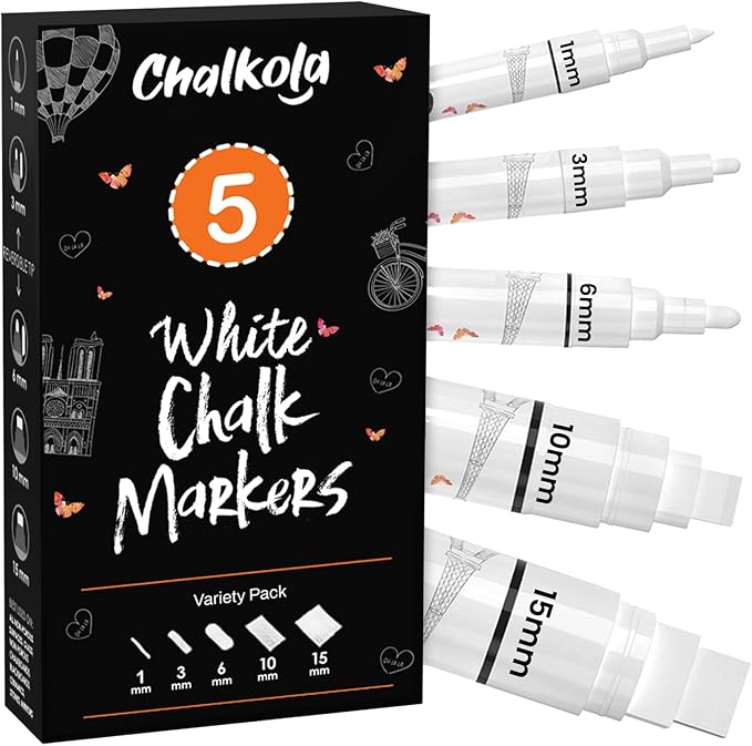 Chalkola 5 White Chalk Markers for Chalkboard Signs, Blackboard, Car Window, Bistro, Glass | 5 Variety Pack - Thin, Fine Tip, Bold & Jumbo Size Erasable Liquid Chalk Pens (1mm, 3mm, 6mm, 10mm, 15mm)