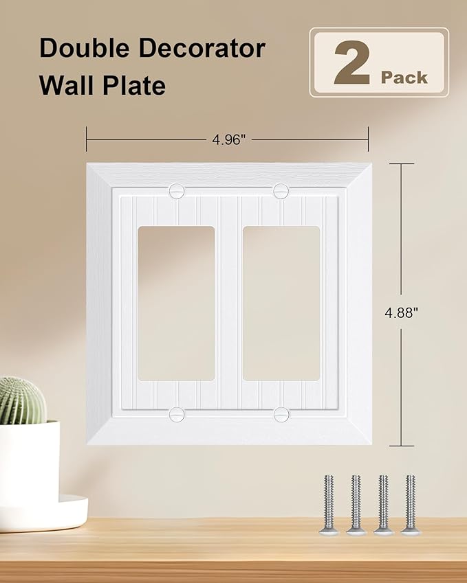 2-Pack Classic Beadboard Decorative Double Decorator Outlet Cover Plate, Pure White Unbreakable Polycarbonate Wall Plates for Electrical Outlets, Receptacle, GFCI Outlet, Dimmer Switch, 2-Gang