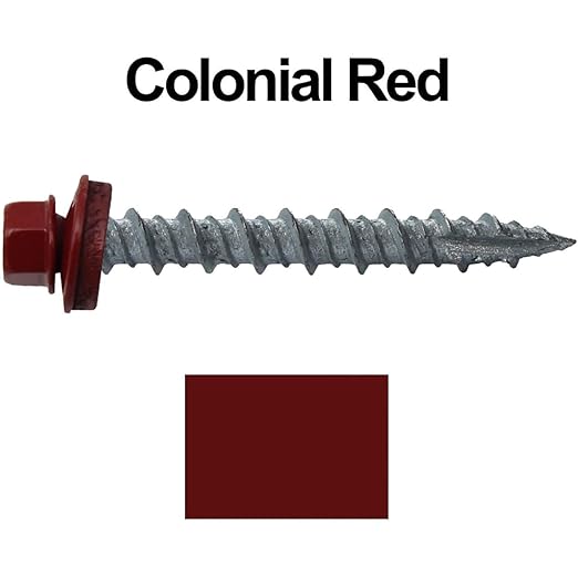 10 x 1-1/2" Colonial RED Metal Roofing Screws - Hex Washer Head- Self-Starting/Tapping - EPDM Washer. 1 x 250 Count Bag - 250 Screws