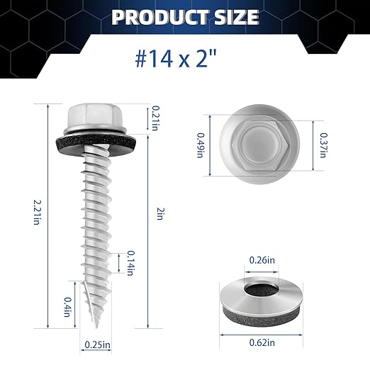 Metal Roofing Screws #14 × 2 Inch, 35-PCS, Hex Head Rustpert Coating Sheet Metal to Wood Siding Screw with EPDM Rubber Washer, Sharp Point, Hex Socket Included