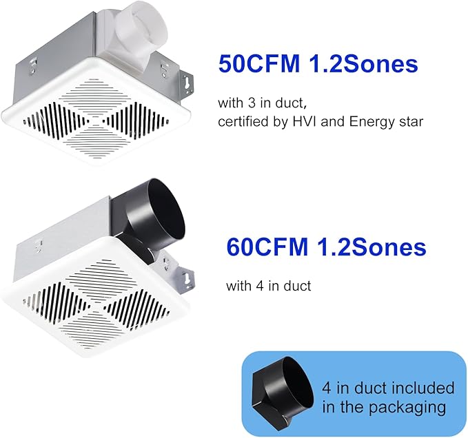 Tech Drive Very Quiet Bathroom Exhaust Fan - 60 CFM/50 CFM, 3&4-Inch Duct Included, No Attic Access Needed, Energy Star, Easy to Install, Ceiling Mounted for Bathrooms Up to 55 Sq. Ft, White