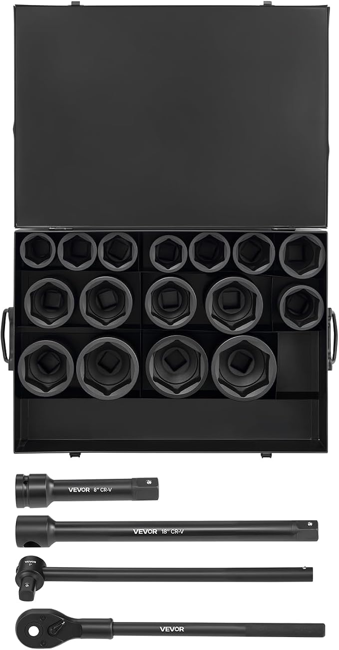 VEVOR 1 in Drive Impact Socket Set, 21 Piece, SAE (1-5/8" to 3-1/8") | 6 Point Shallow Cr-V Impact Sockets, with 8 in & 18 in Extension Bars, 24 in Ratchet, Size Markings, Storage Case