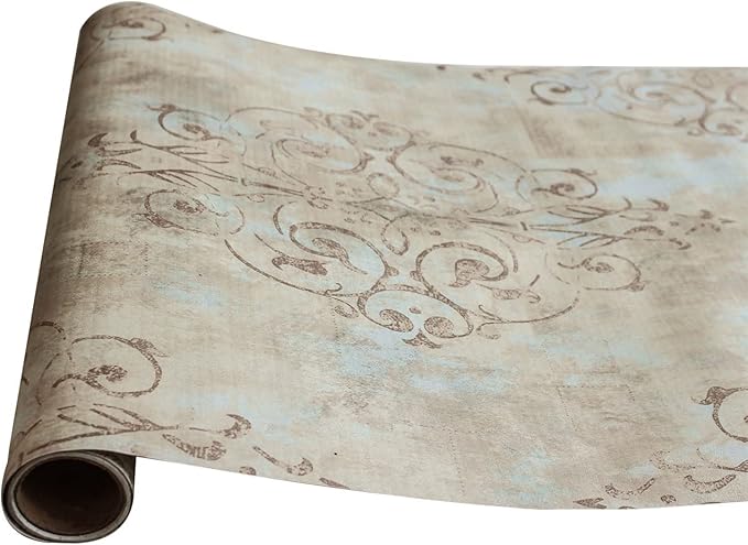 HAOKHOME Vintage French Damask Peel and Stick Wallpaper Deep Yellow/Mist Blue/Brown Vinyl Self Adhesive Wall Paper Design for Walls Bathroom Bedroom Home Decor 17.7in x 9.8ft