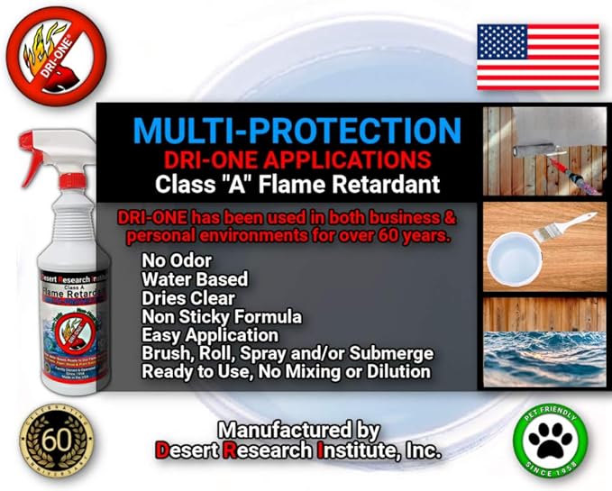 Fire Retardant Spray Liquid Solution (Class A for Natural Textiles, Raw Wood, Absorbent Materials & More) Eco-Safe, Non Toxic, C.A.C. Title-19, ASTM E84, DRI-ONE