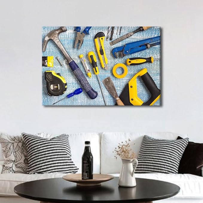 1 Panels Wall Art for Office Wall Art Repairman Maintenance and Housework Project Tools on Workshop Desk Top View Picture Canvas Print Artwork Home Study Repair Shop Wall Decor Poster ((16"Wx24"H)
