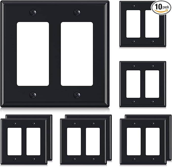 ELEGRP 2-Gang Decorative Wall Plates, Standard Size 4.53" H x 4.57" L Unbreakable Thermoplastic Faceplate Cover for Decorator Receptacle Outlet Switch, UL Listed (10 Pack, Glossy Black)