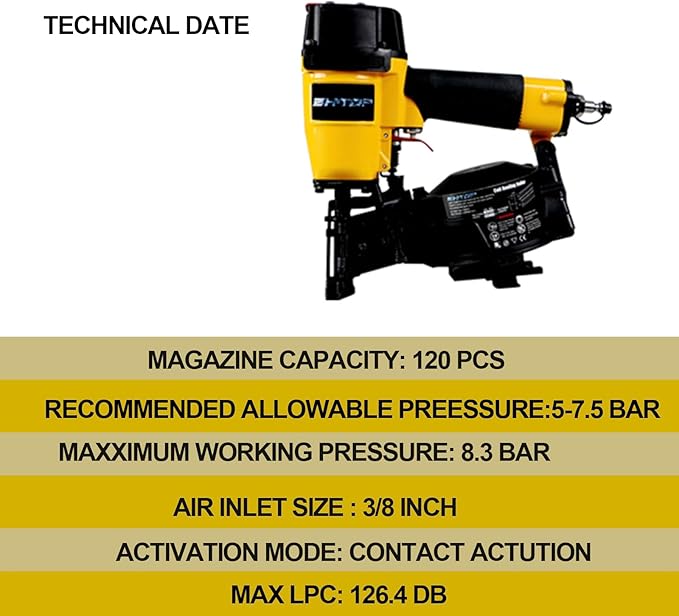 CN45N Roofing Nailer, 15 Degree Roofing Nail Gun, 3/4-Inch to 1-3/4-Inch Coil Nails, 120-pcs Load Capacity Coil Nailer in Orange