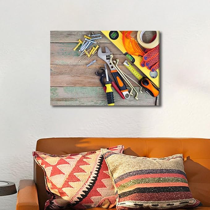 Orange Tool Theme Picture 1 Panels Canvas Wall Art Bedroom Set of Various Construction Tools on a Wooden Background Poster Framed Artwork for Farmhouse Living Room Wall Decor (12" Wx18 H)
