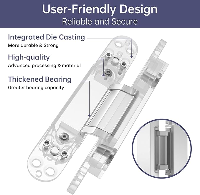 7" 2 pcs Hidden Hinges for Doors Invisible Hinges Concealed Zinc Alloy 180 Degree Swing 3 Way Adjustable Butt Silent Door Hinge 7 x 2.8 x 1 inch (Silver)