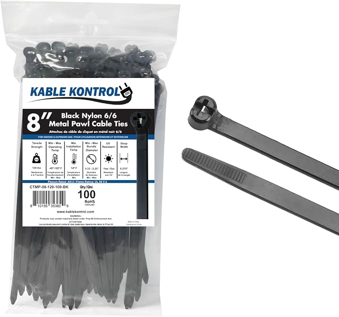 Kable Kontrol Metal Pawl Cable Ties 8 Inch 100 Pcs, 120 Lbs Test – Black | Metal Tooth, Stainless Steel Toothed Self-Locking Ties, UV Resistant Steel Barb Zip Ties for Indoor & Outdoor Use