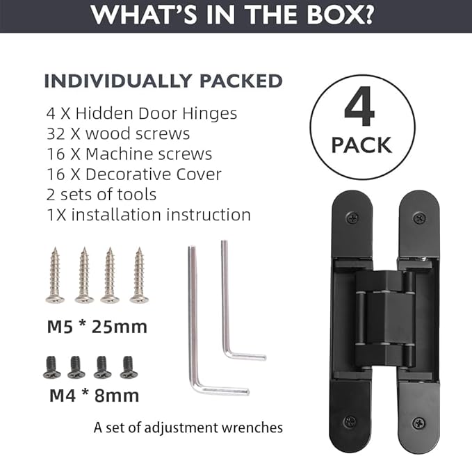 4-Pack 7 inch Black Hidden Door Hinges, Heavy Duty Zinc Alloy Concealed Hinges, Invisible 180 Degree Swing Hinge, 3 Way Adjustable Butt Hinge