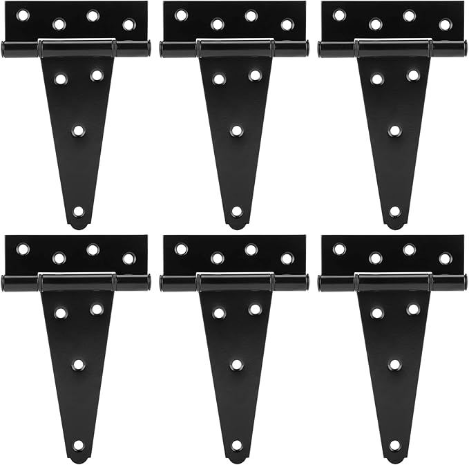 HILLMASTER 6 Inch T-Strap Heavy Duty Shed Door Hinges Gate Strap Hinges Black Tee Hinge Wrought Hardware for Wooden Fences,Yard,Barn Door,Rustproof (6 Pack)