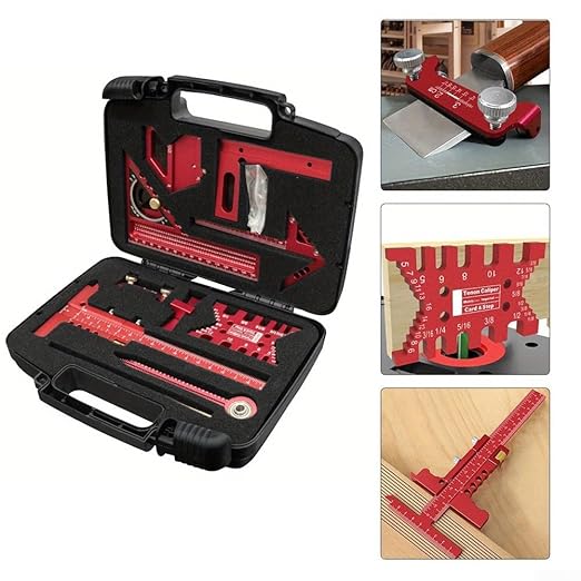 Aluminium Woodwork Measuring and Scribing Tool Set - 9 Piece Precision Kit for Carpentry and DIY Projects with Storage Box(9 Pieces.)