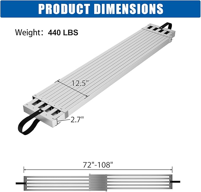 6-9ft Telescoping Plank, Aluminum Work Plank, 440 Lbs Load Capacity Extension Scaffolding Plank with Skid-Proof Platform Scaffold Ladder Accessory, 12.5 Inch Width, Silver