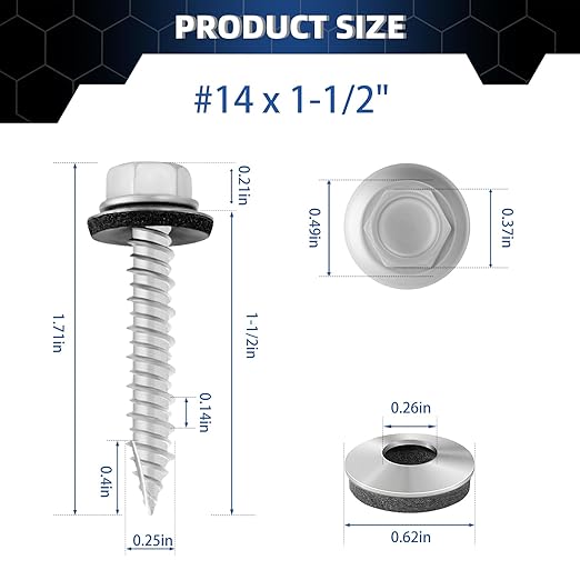 Metal Roofing Screws #14 × 1-1/2 Inch, 44-PCS, Hex Head Rustpert Coating Sheet Metal to Wood Siding Screw with EPDM Rubber Washer, Sharp Point, Hex Socket Included