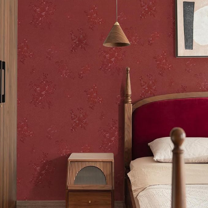 Red Wallpaper Burgundy Silk Texture Embossed Floral 118in17.7in | Thicken Vinyl Wallpaper,Retro Crimson Red Self Adhesive Wall paper for Bedroom, Easy to Use&Removal,Gift Paper Christmas