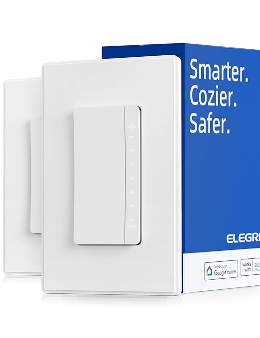 ELEGRP Single Pole Smart Dimmer Light Switch DPR10, 2.4GHz Wi-Fi Dimmer Switch Compatible with Alexa and Google Assistant, Needs Neutral Wire, No Hub Required, UL Listed, Matte White, 2 Pack