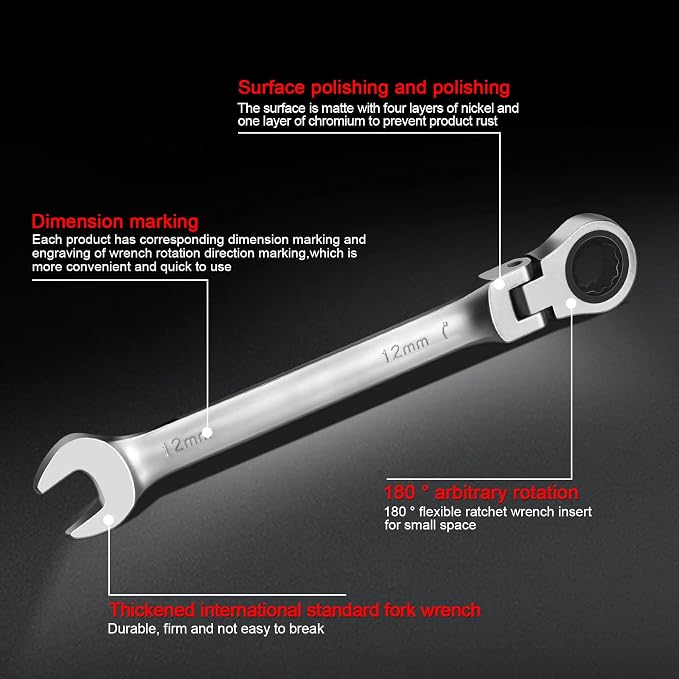 WISEUP 16mm Ratchet Wrench, CR-V Forged Combination Wrench | 2 in 1 Flex Head Ratcheting Wrench, Durable Hand Tools