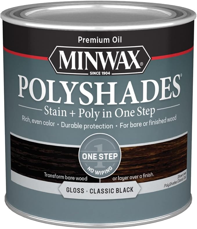 Minwax PolyShades Wood Stain + Polyurethane Finish – ½ Pint, Classic Black, Gloss