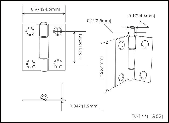 QCAA Narrow Butt Utility Hinge, Swaged, with Removable Loose Pin for Cabinet Door or Box Hinge, 1" x 15/16" x 1.2mm, Brass Plated, 48 Pack, Made in Taiwan