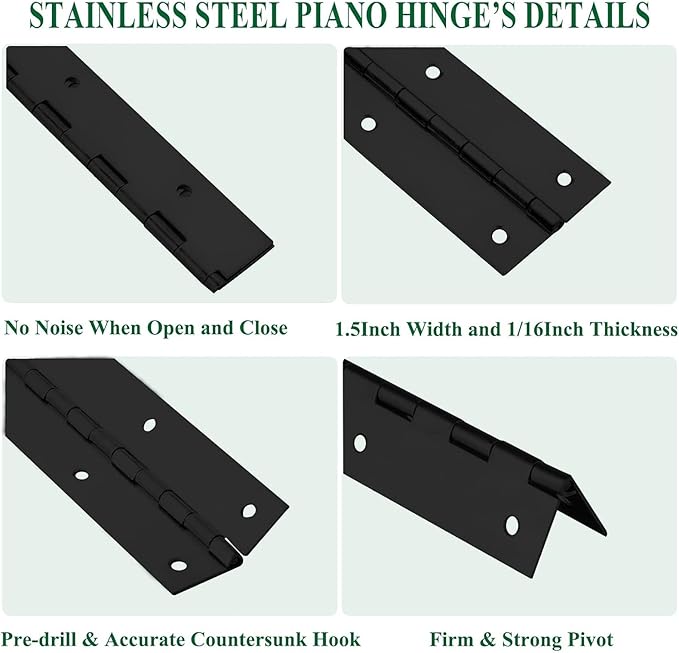 4Pack Heavy Duty Piano Hinge, 2" Open Width x 16" Continuous Hinges, 0.06" Thick Stainless Steel with Holes, Black Furniture Hinges for Cabinet Door Cases Woodworking