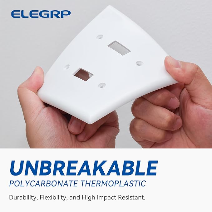 ELEGRP 2-Gang Toggle Switch Wall Plates, Standard Size 4.53" height x 4.57" length Unbreakable Thermoplastic Faceplate Cover for Toggle Dimmer Light Switches, UL Listed (1 Pack, Glossy White)
