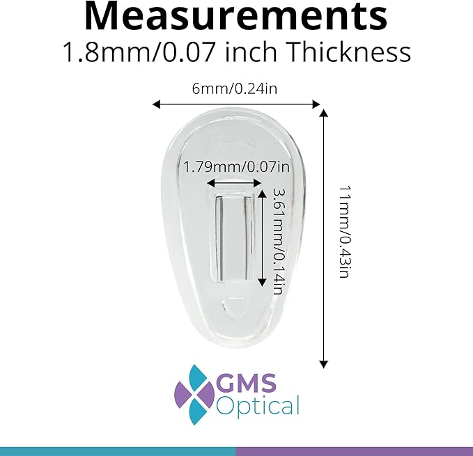 GMS Optical Push in Silicone Nose Pads for Glasses | 11mm Small, 6mm Normal Width | Non Slip Nose Grips, Eyeglass Accessories for Kids & Small Frames, Provides Comfort & Stability (10 Pairs, Clear)