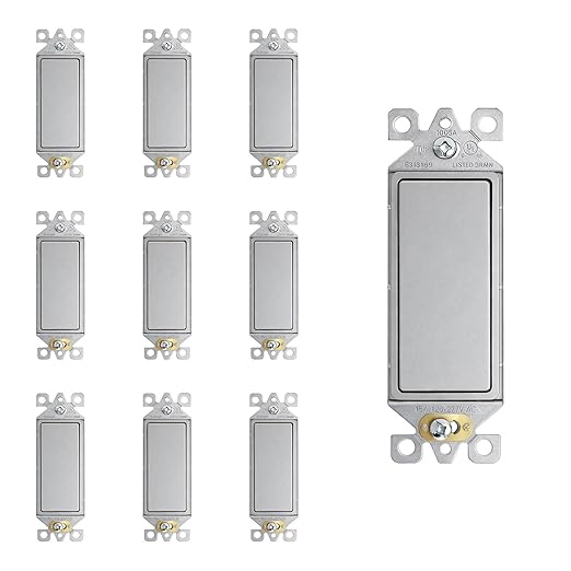 ELEGRP Matte Gray 3 Way Decorator Light Switch, 15A 120-277V, Paddle Rocker Switch Replacement, On/Off Wall Switch, Self-Grounding, Residential Grade, UL/CUL, 10 Pack