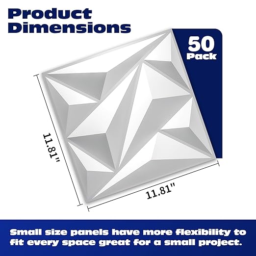 50 Pack 3D Wall Panels Diamond, White, 12''x12'' | PVC Accent Wall Panels for Interior Wall Decor, Living Room Lobby Bedroom Hotel Office