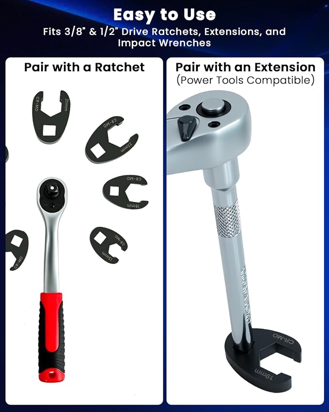 SIXIWANZI Crows Foot Wrench Set, Metric Flare Nut 8-24mm, 3/8" & 1/2" Drive | 15pc Cr-Mo steel, open-end slim head tight spaces, brake fuel hydraulic line, fits ratchet breaker torque wrench, marked case