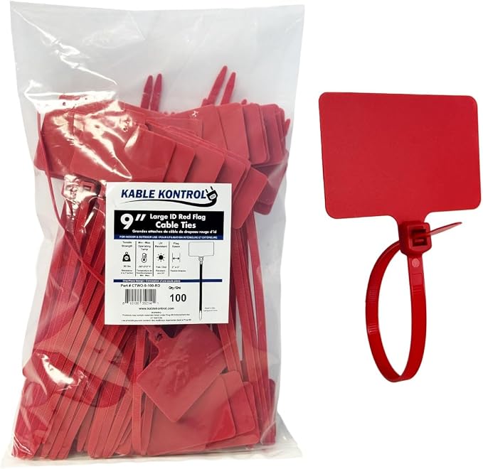 Kable Kontrol Cable Marker Identification Zip Ties 9 Inch 100 Pcs – Red | Large ID Flag Label Straps, Self-Locking Write on Tags for Ethernet, Power, and Cord Labeling