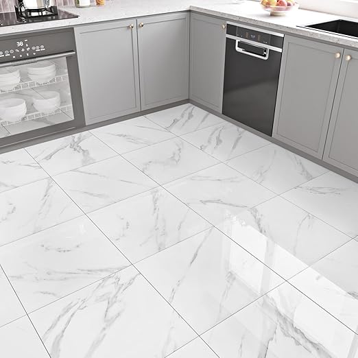 WESTICK White Marble Peel and Stick Bathroom Floor Tile Self Adhesive Vinyl Tiles Peel and Stick Floor Waterproof Vinyl Flooring for Kitchen Bedroom Living Room Garage Camper RV 10 Pcs 12 x 12 inch