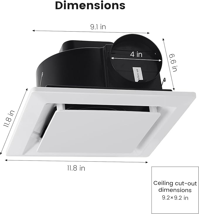 Bathroom Exhaust Fan for Ceiling Mount, 11.8" Household Bath Vent Ventilation Fans with 1.0 Sones Quiet Operation, 110 CFM with 4" Duct Collar, 26W Low Consumption
