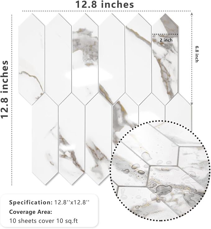Vamos Tile Glossy White Marble with Gold Veining Backsplash Tile Peel and Stick, 12.8 x 12.8 Inch 10 Sheets Long Hexagon PVC Self Adhesive Mosaic Tiles Stick on Backsplash for Kitchen and Bathroom