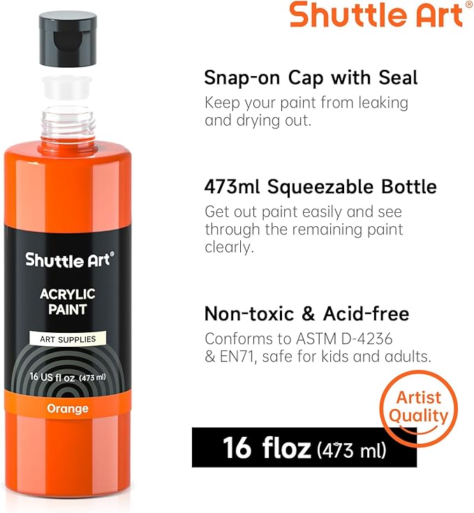 Shuttle Art Acrylic Paint, 15 Colors Acrylic Paint Large Bottle Set, 473ml/16oz Each, Rich Pigments, High Viscosity, Bulk for Artists, Beginners and Kids on Rocks Crafts Canvas Wood