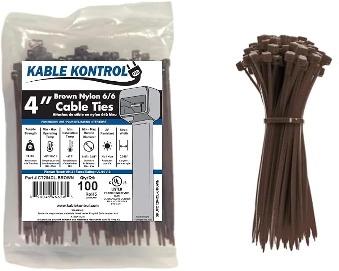 Kable Kontrol Brown Zip Ties 4 Inch 100 Pcs, 18 Lbs Tensile Strength, Self-locking Nylon Colored Cable Ties Wire Wraps for Indoor or Outdoor Use