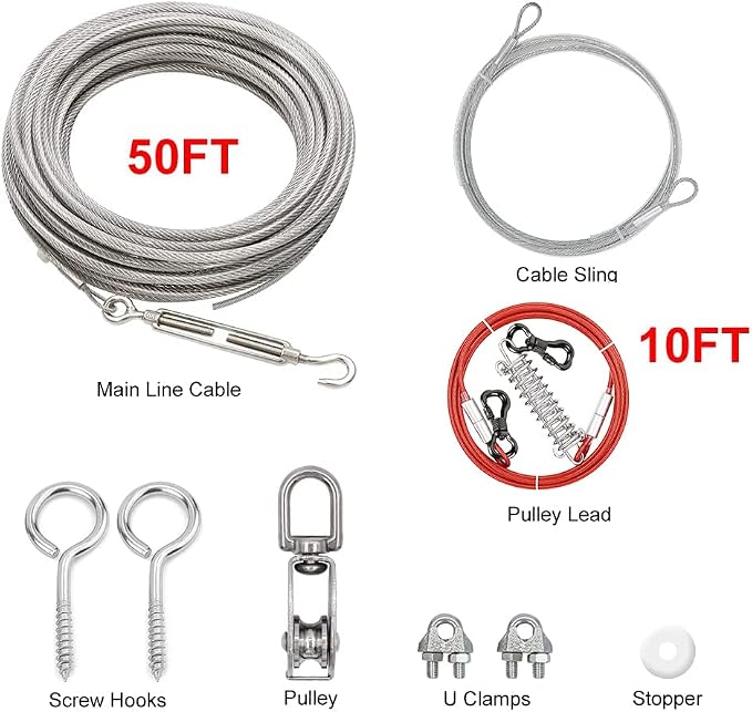 XiaZ Dog Tie Out Cable, 50ft Trolley Runner Cable for Dogs up to 200lbs，Heavy Duty Dog Lead for Yard, Camping, Outdoor, with 10ft Pulley Runner Line with Spring