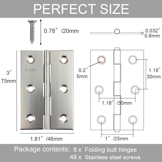 8 Pack Door Hinges Brushed Nickel 3 Inch Stainless Steel Butt Hinges Small Cabinet Hinges for Wooden Cabinets Furniture Door Boxes and DIY Projects