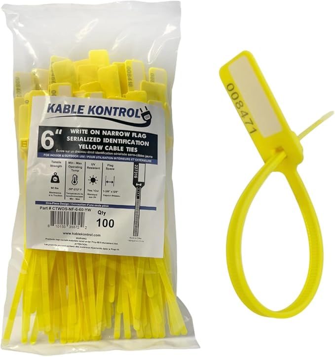 Kable Kontrol Serialized Write-On Flag Zip Ties, 6 Inch 100 Pcs – Yellow | Numbered Cable Ties with Narrow Flag Writable ID Tag Nylon Self-Locking Wire Marker Labels & Tie Straps
